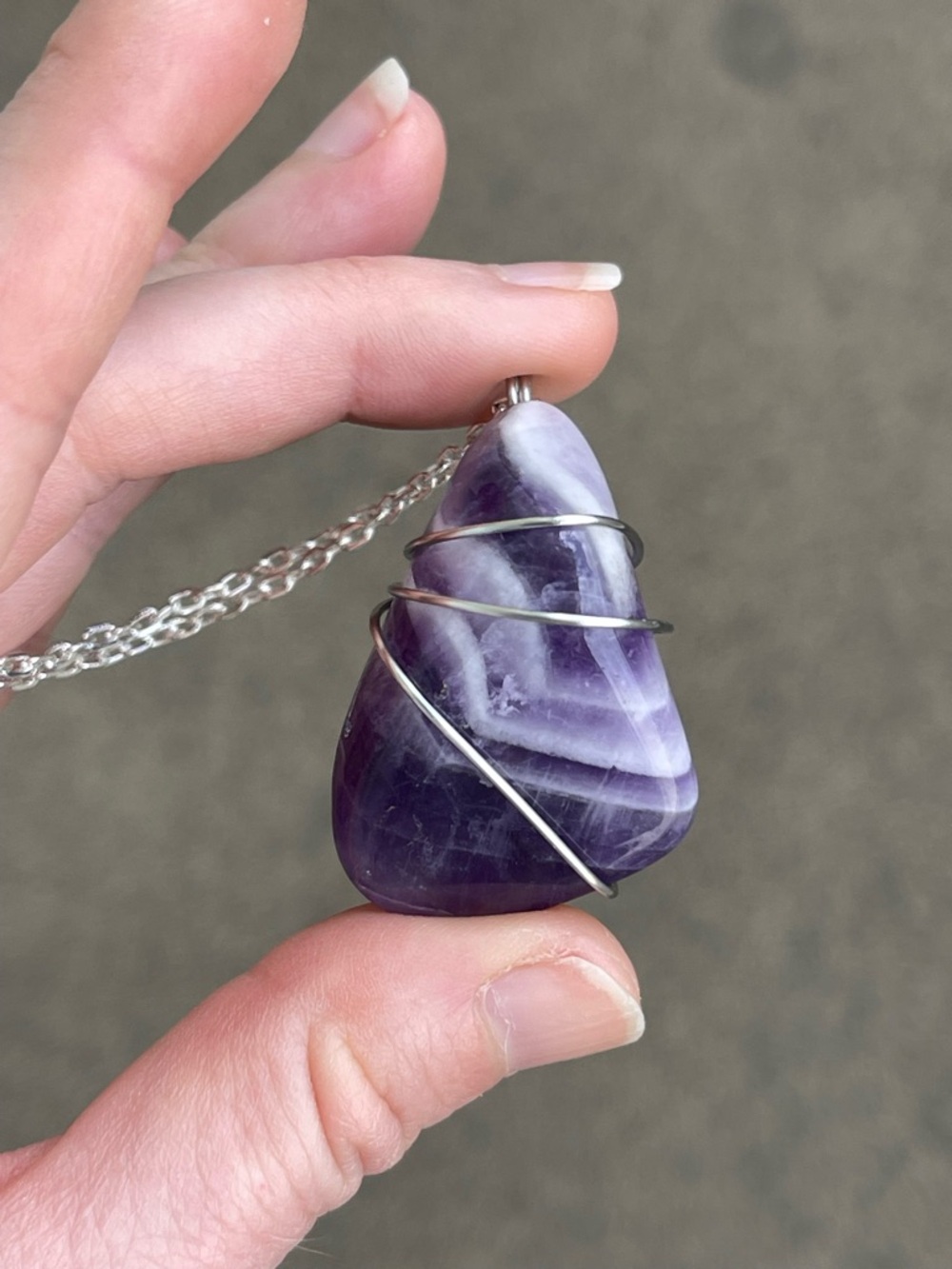 Handmade Amethyst Purple Stainless Steel Silver Wire Wrap on Silver Tone Chain